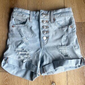Aéropostale High Rise Button Fly Distressed Denim Shorts Light Wash 00